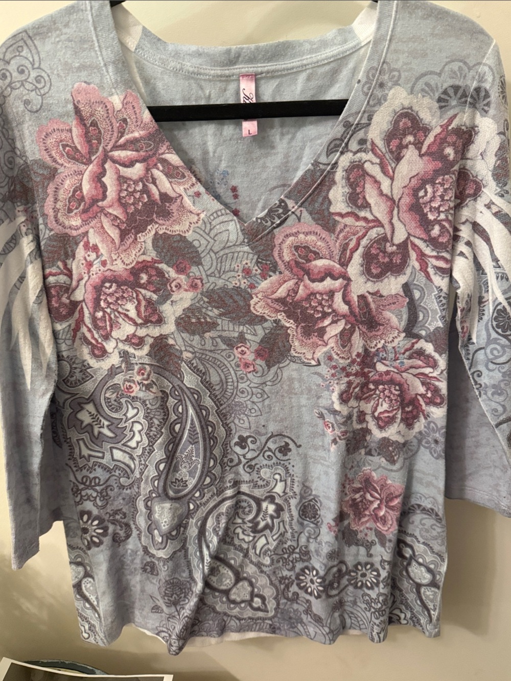 Kiara V-Neck Long Sleeve Floral Tee in Light Blue and Pink 3/4 Sleeves